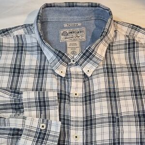 American Rag Mens XXL Navy and White Plaid Long Sleeve Button Down Shirt